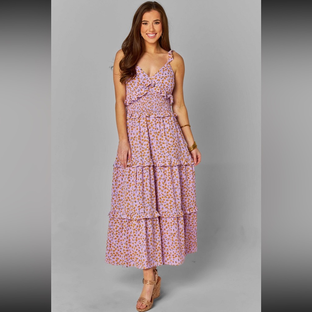 BuddyLove lavender & yellow floral print ruffle shoulder maxi dress.Size large.